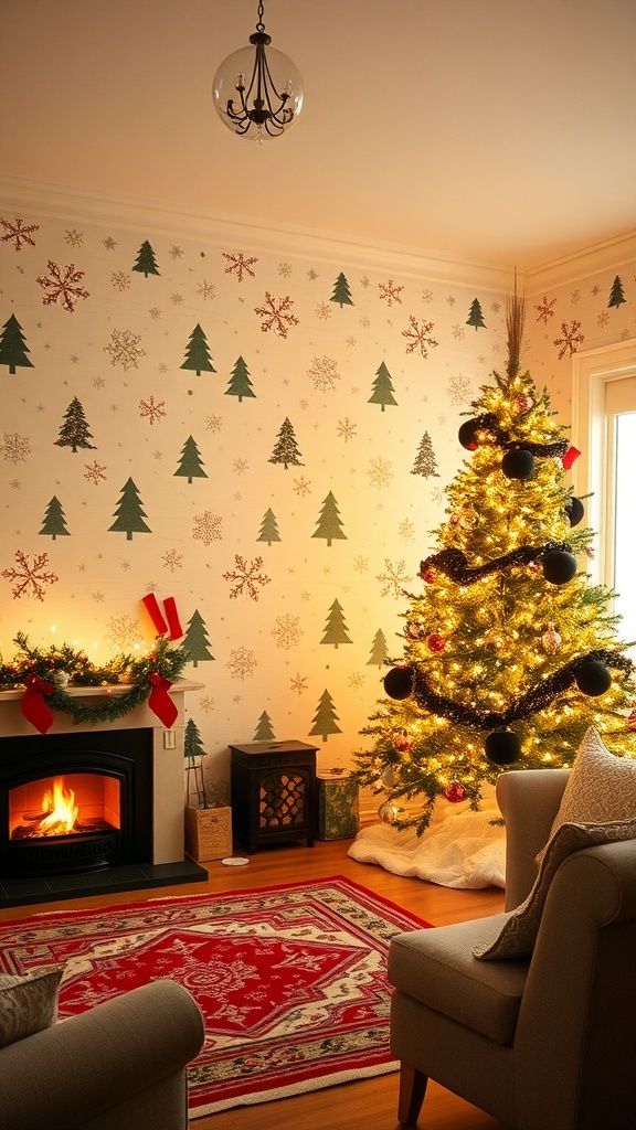 A festive living room with Christmas wallpaper, decorated with a Christmas tree and lights.